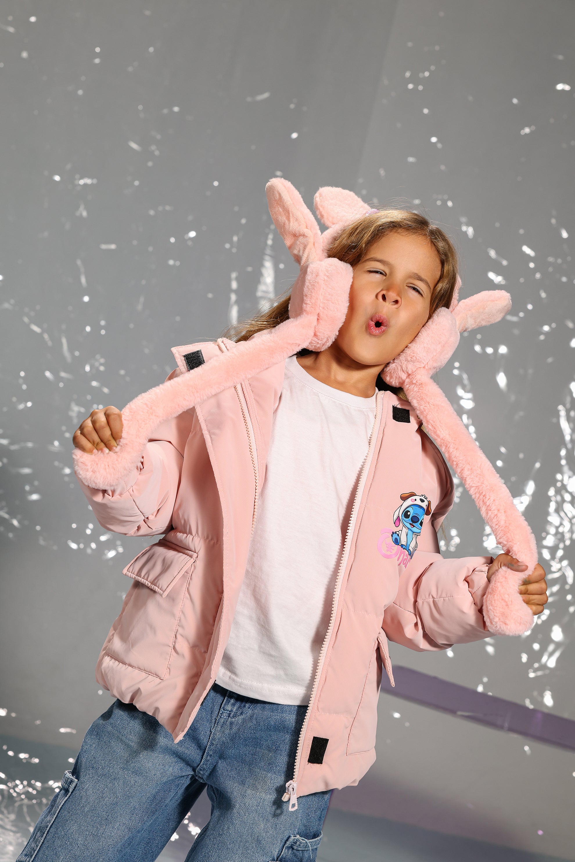 Pink Stitch Puffer Jacket for Girls – Cozy Winter Warmth with Cute Long-Ear Hood