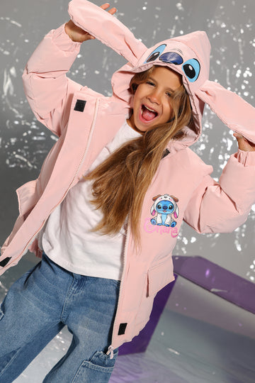 Pink Stitch Puffer Jacket for Girls – Cozy Winter Warmth with Cute Long-Ear Hood