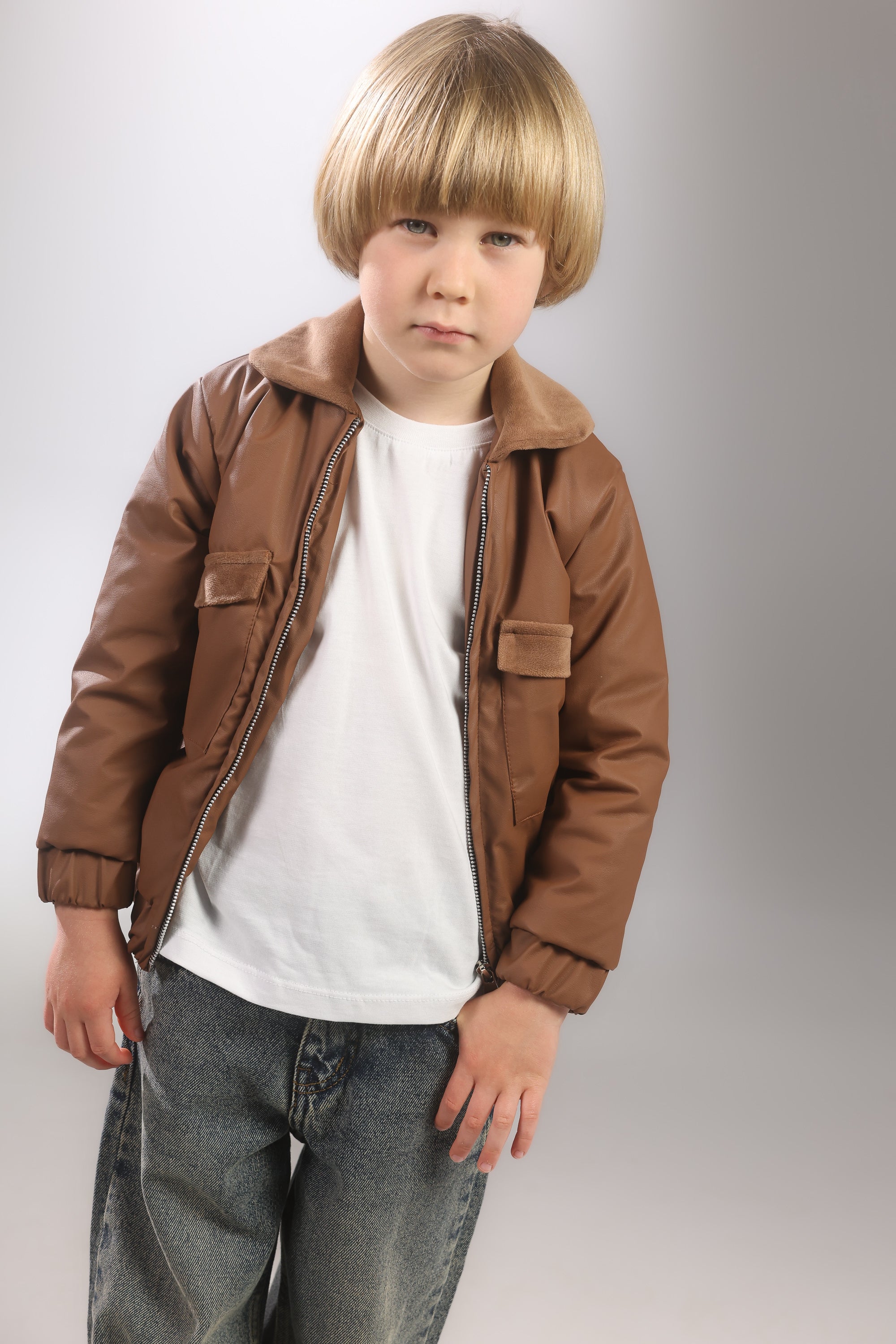 Boys 2-Piece Set – Brown Leather Jacket & Denim Jeans