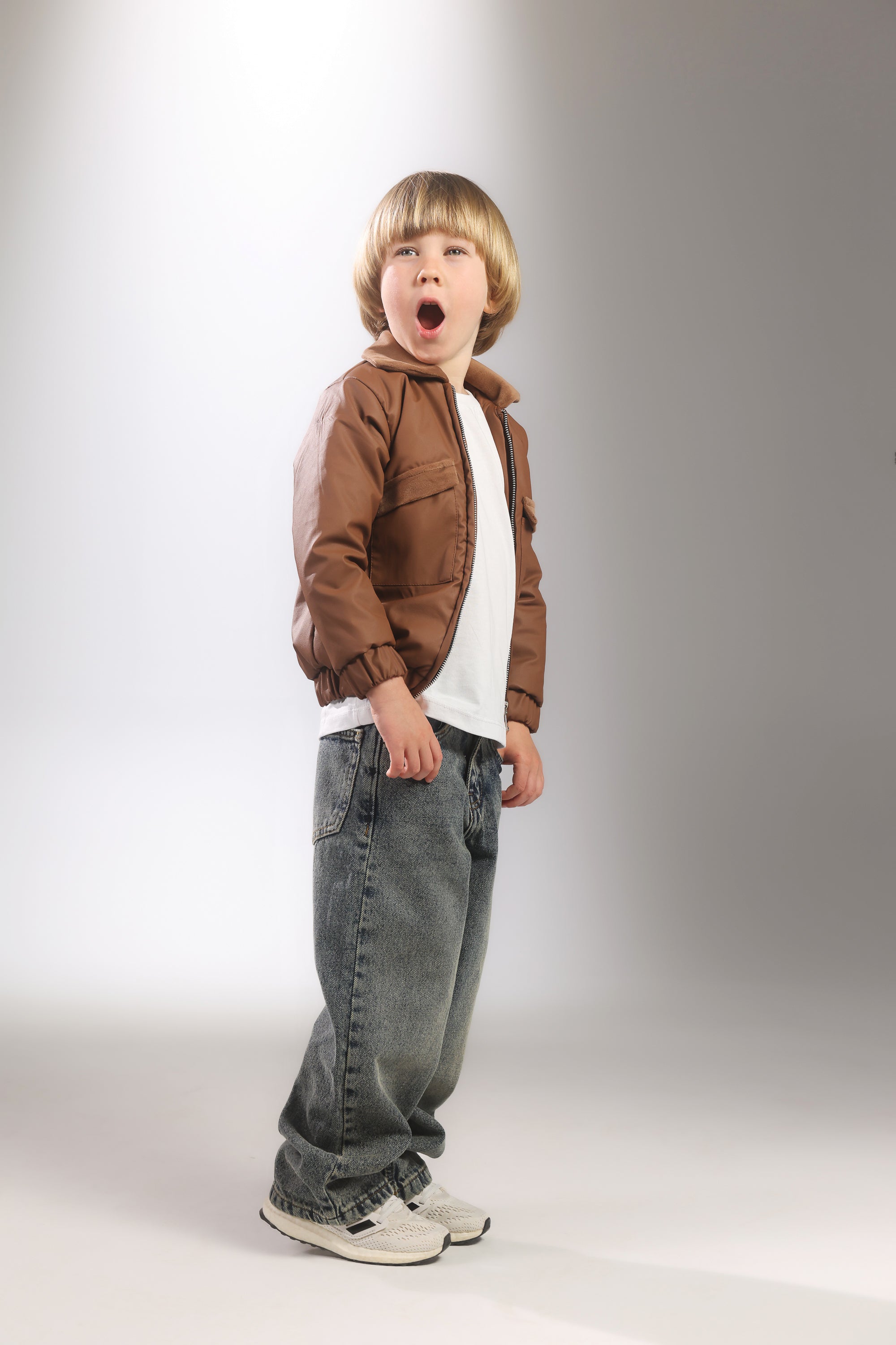 Boys 2-Piece Set – Brown Leather Jacket & Denim Jeans