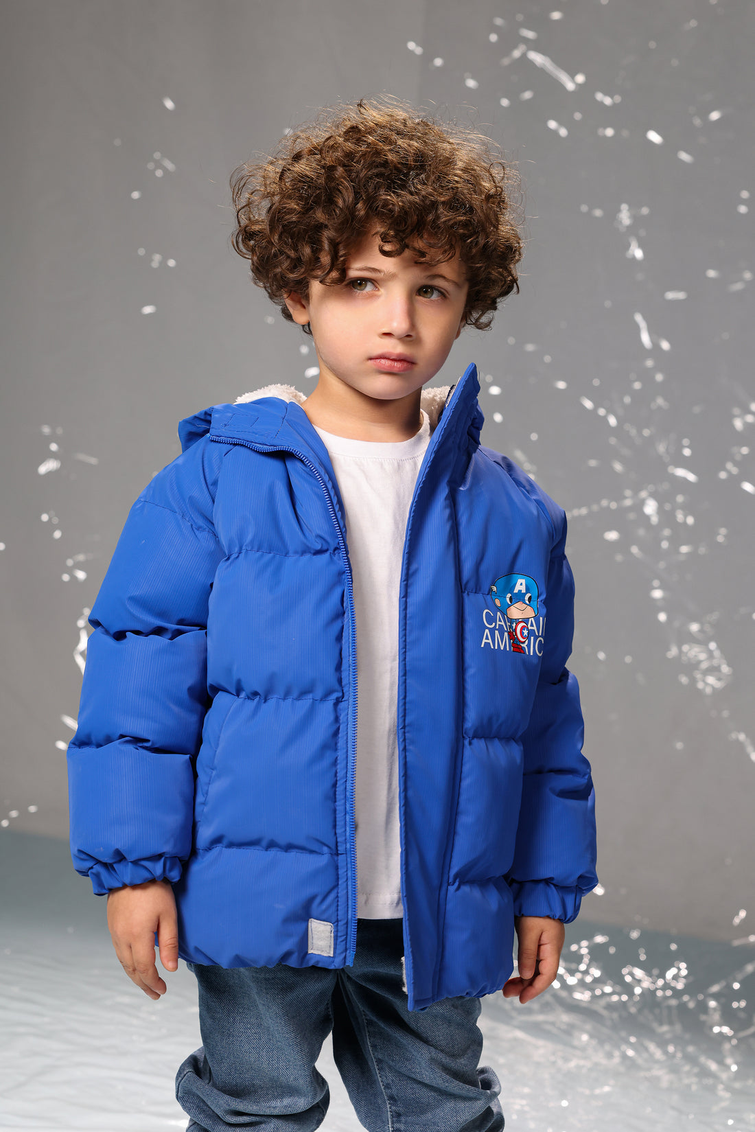 Kids Premium Captain America Puffer Jacket – Ultra-Warm, Water-Resistant & Cozy Sherpa Lining