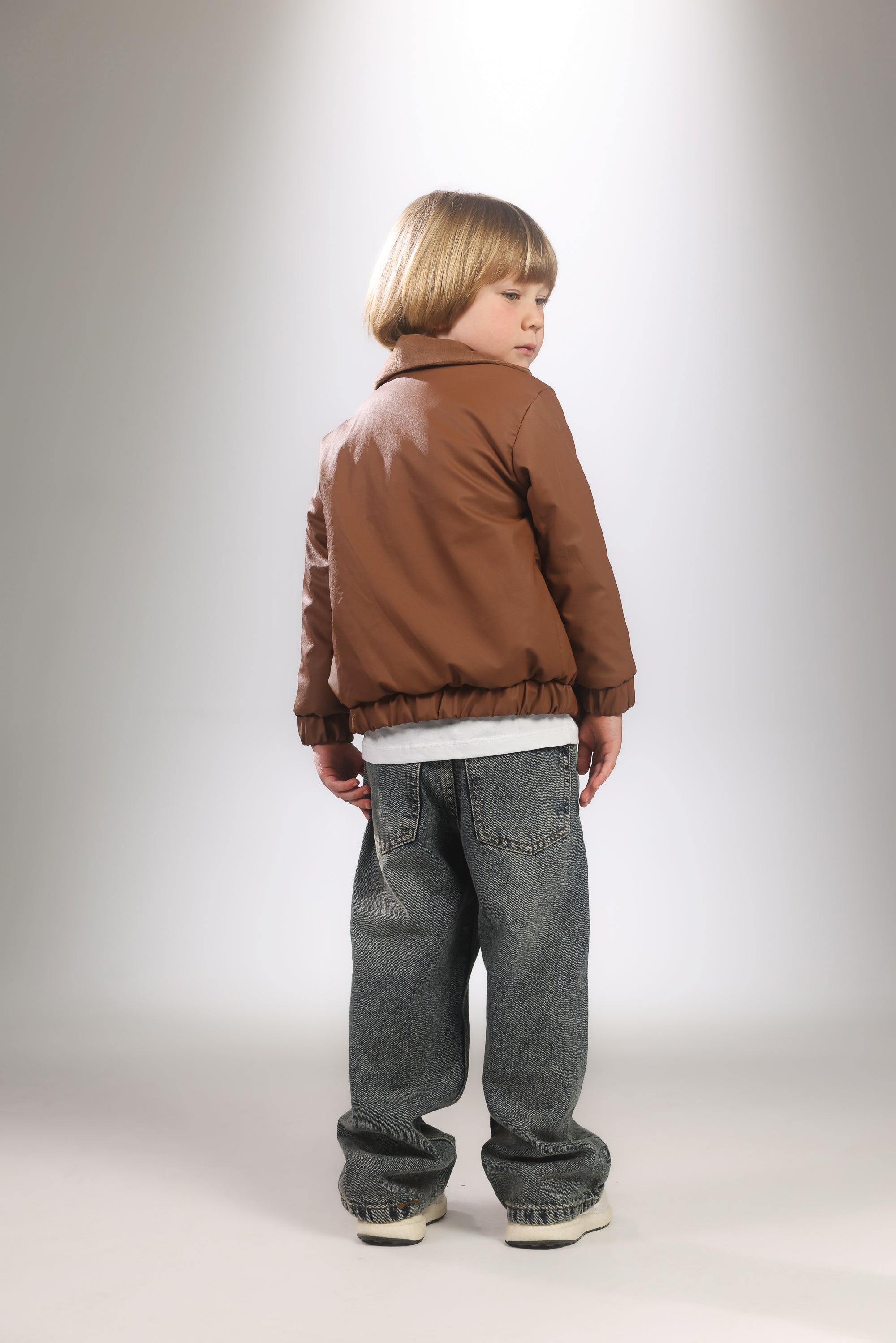 Boys 2-Piece Set – Brown Leather Jacket & Denim Jeans