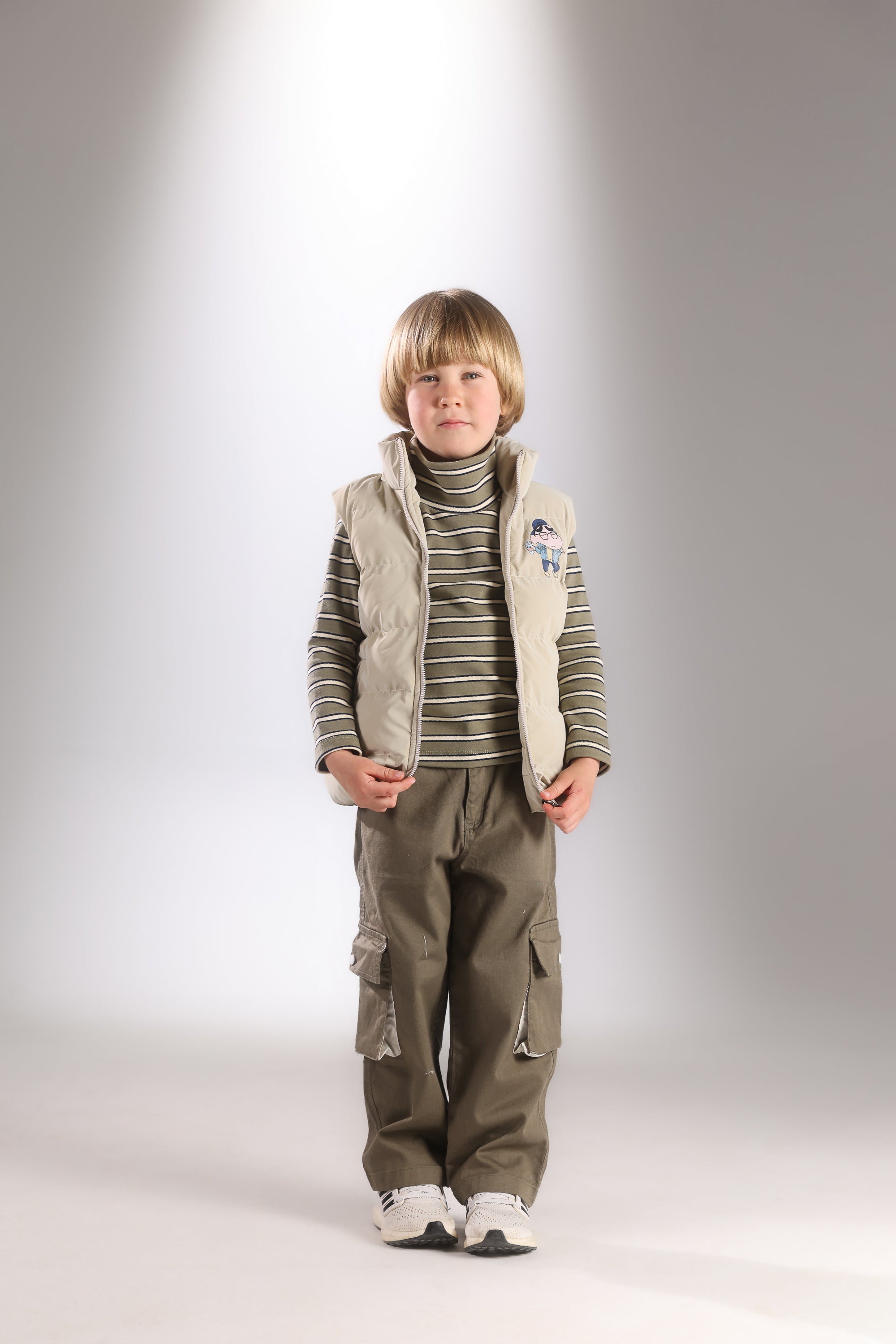 Boys 3-Piece Winter Set – Puffer Vest, Striped Top & Cargo Pants