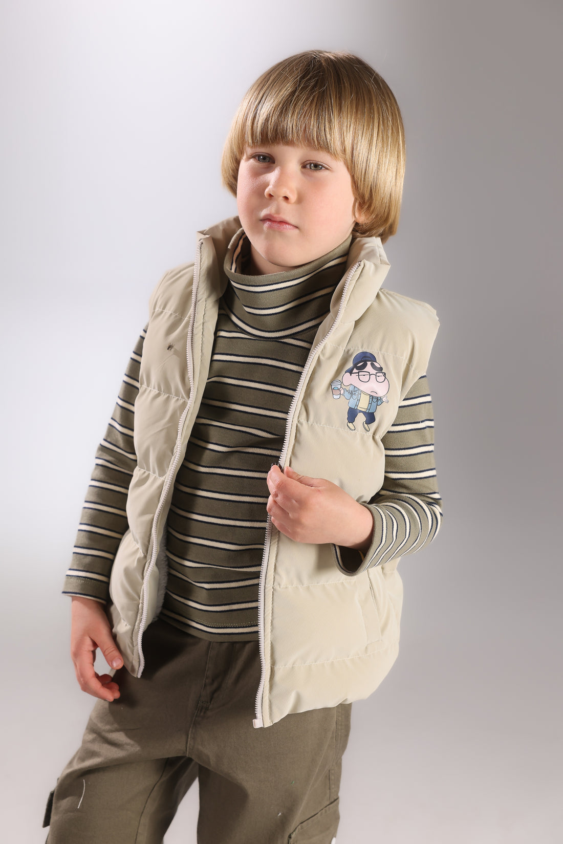 Boys 3-Piece Winter Set – Puffer Vest, Striped Top & Cargo Pants