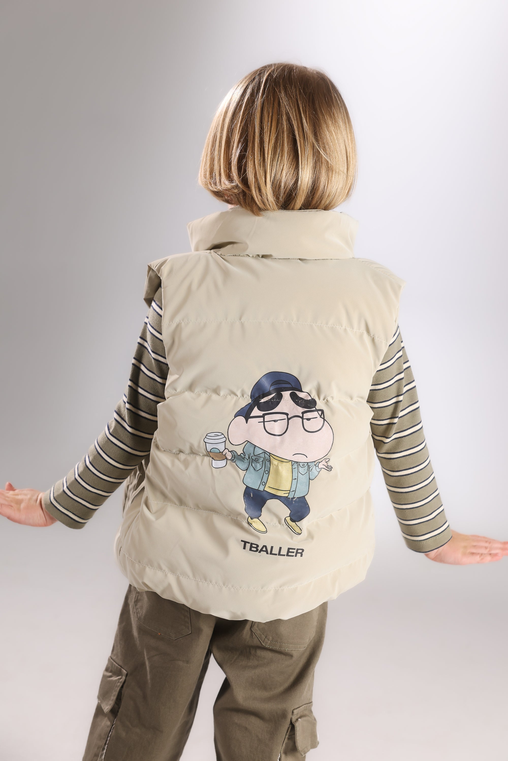 Boys 3-Piece Winter Set – Puffer Vest, Striped Top & Cargo Pants