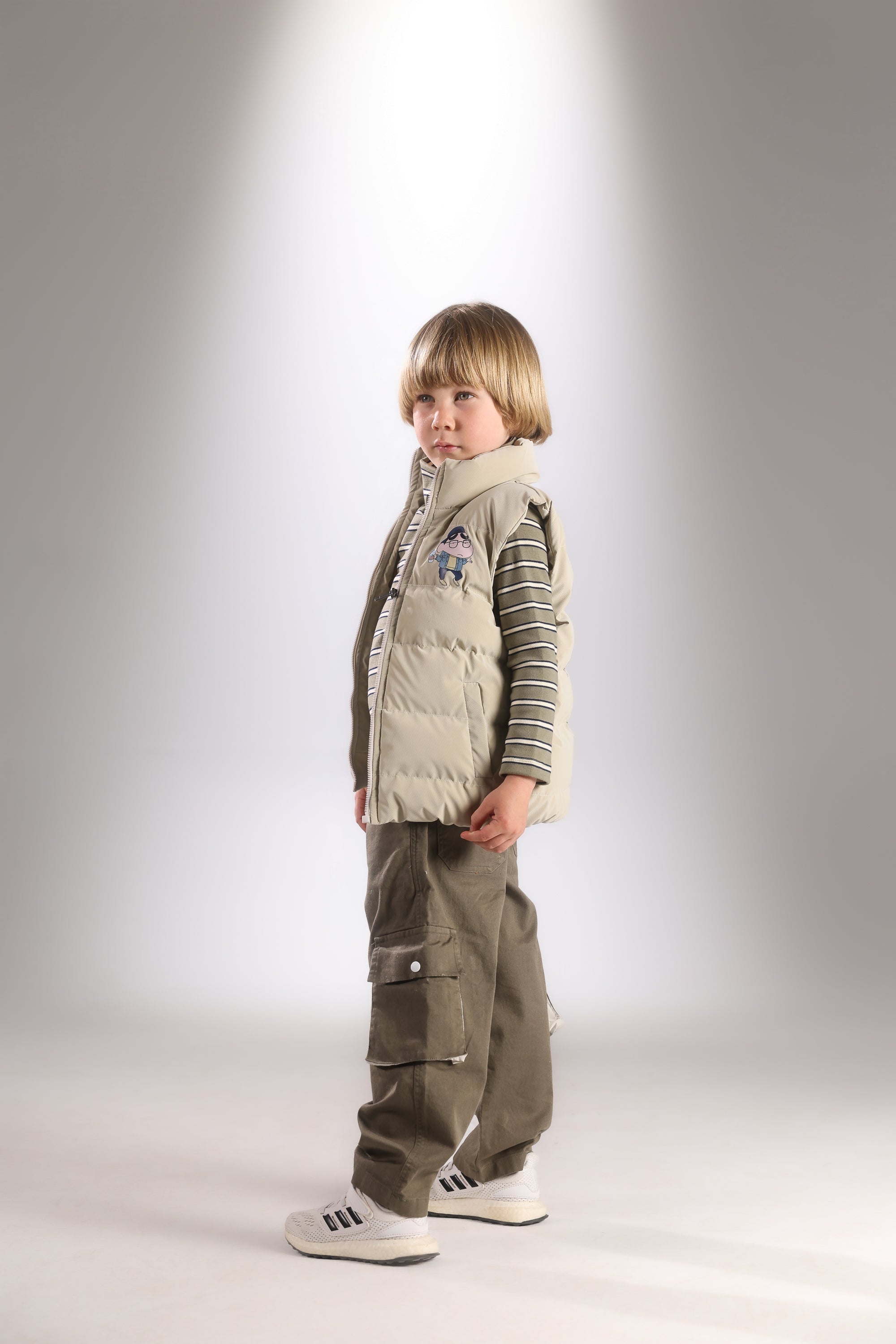 Boys 3-Piece Winter Set – Puffer Vest, Striped Top & Cargo Pants