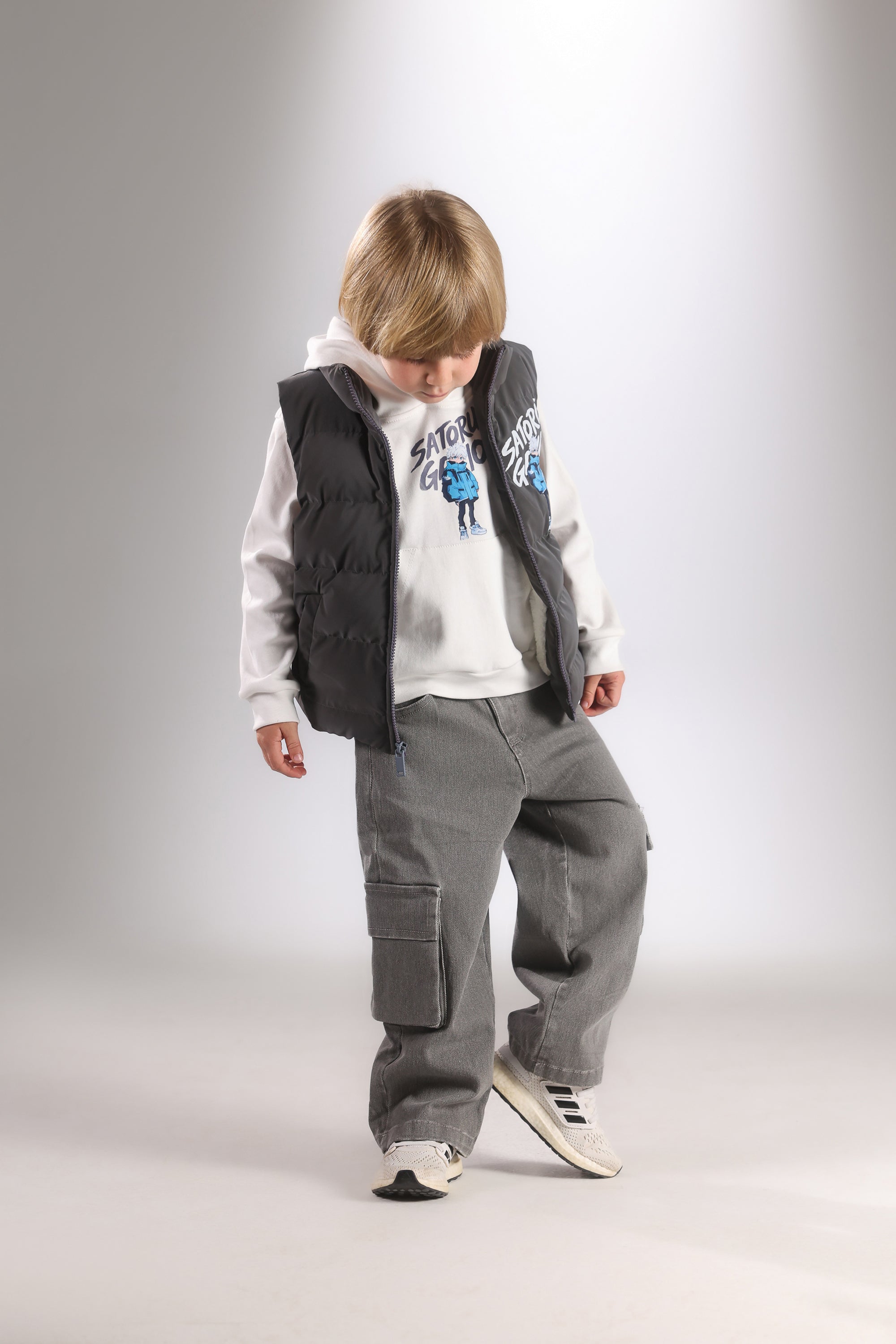 Boys 3-Piece Casual Set – Grey Puffer Vest, Hoodie & Cargo Pants