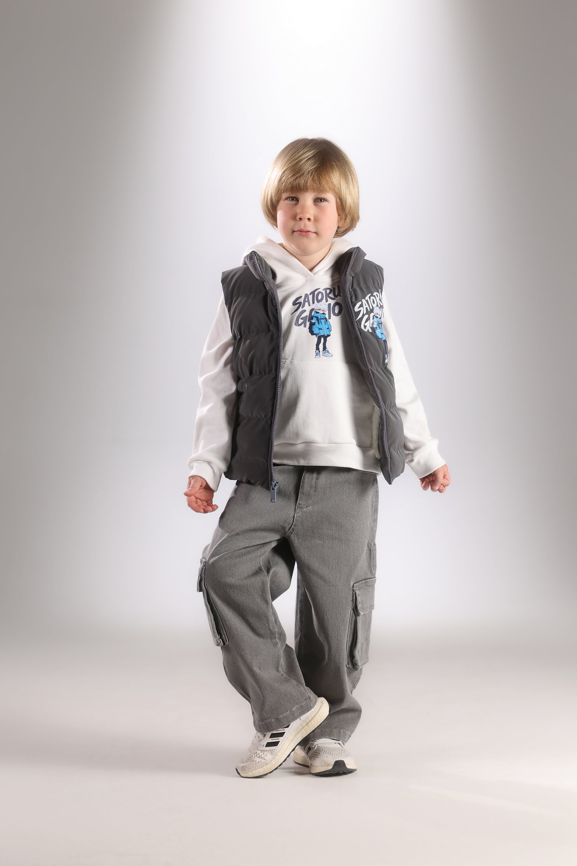 Boys 3-Piece Casual Set – Grey Puffer Vest, Hoodie & Cargo Pants