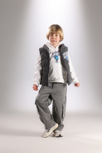 Boys 3-Piece Casual Set – Grey Puffer Vest, Hoodie & Cargo Pants