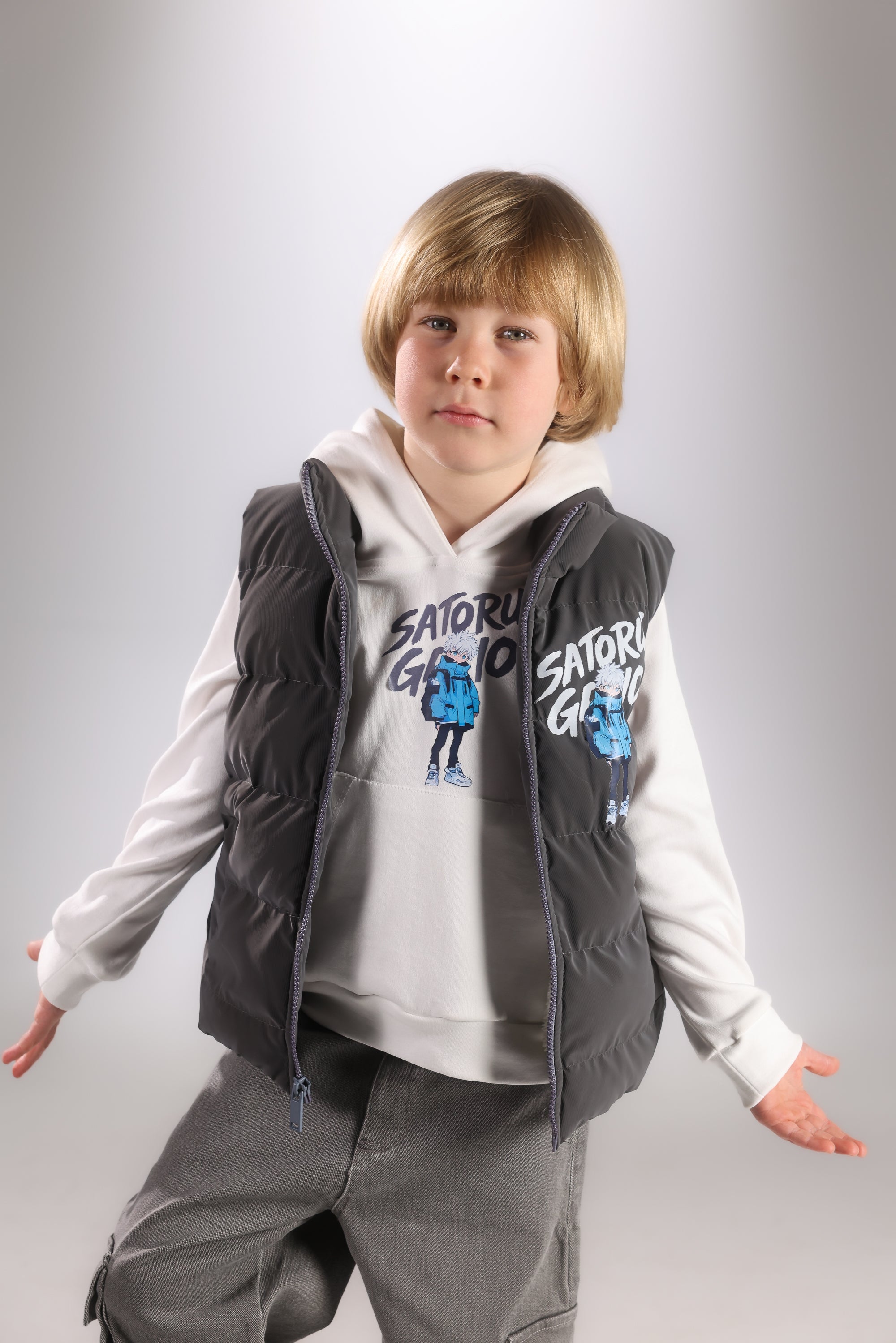 Boys 3-Piece Casual Set – Grey Puffer Vest, Hoodie & Cargo Pants