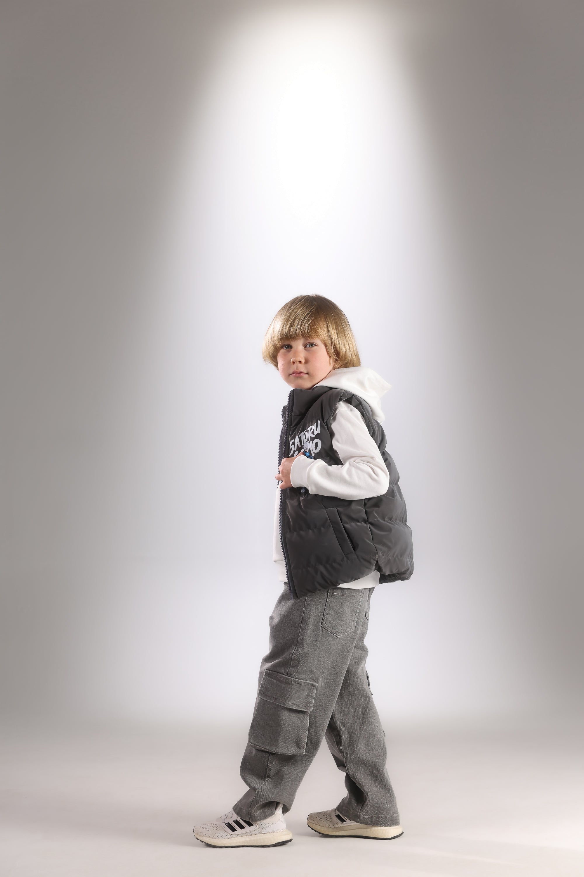 Boys 3-Piece Casual Set – Grey Puffer Vest, Hoodie & Cargo Pants