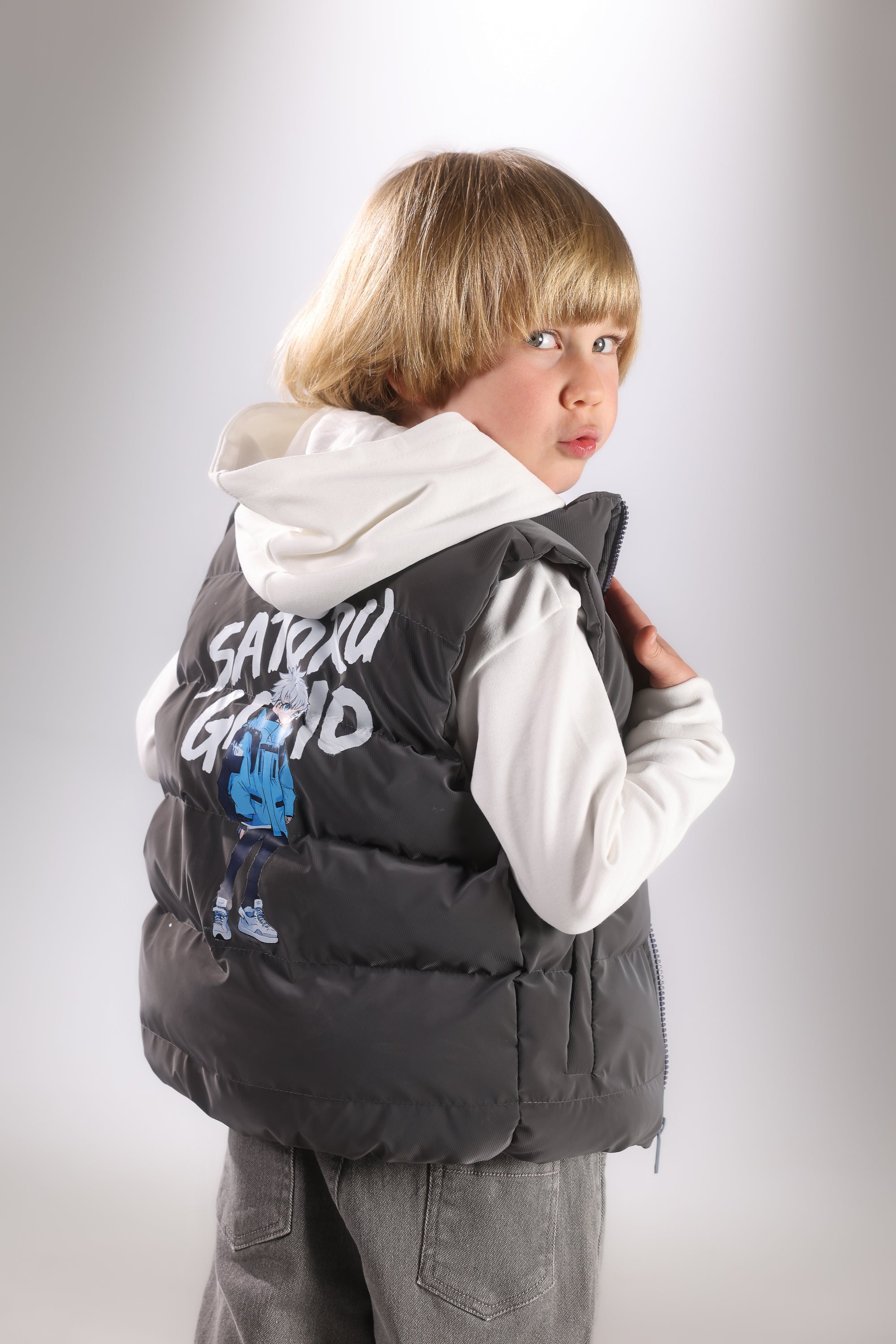 Boys 3-Piece Casual Set – Grey Puffer Vest, Hoodie & Cargo Pants