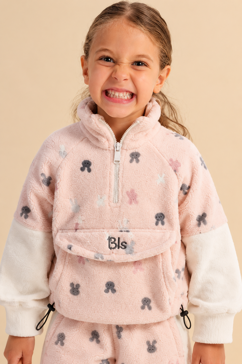 Girls’ Cozy Bunny Fleece Half-Zip Set – Soft Pink