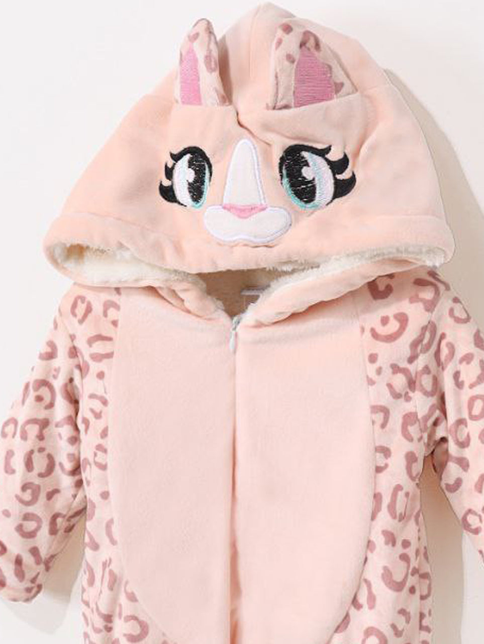 Pink Leopard Baby Winter Romper – Cozy Fleece Hooded Suit with Cute Ears