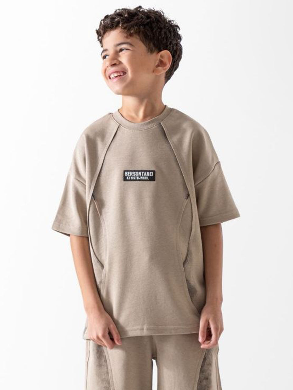 Kids beige stitch design sport t-shirt and shorts summer set - Kikidoo Kids Egypt