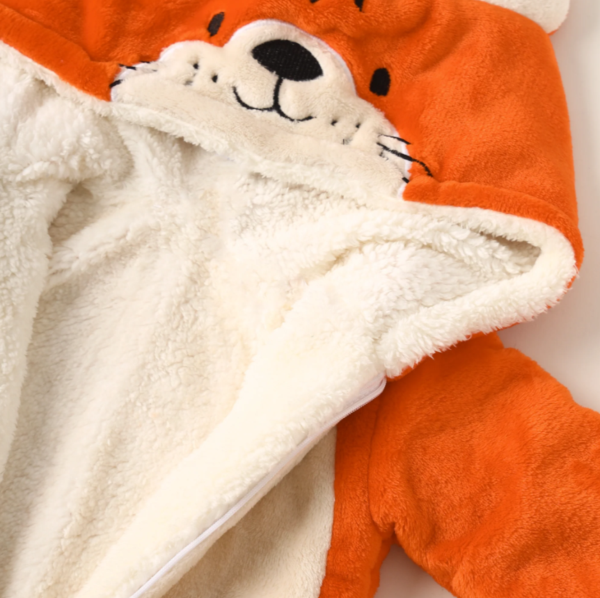 Baby Orange Furry Jumpsuit with Hood – Soft, Warm & Adorable