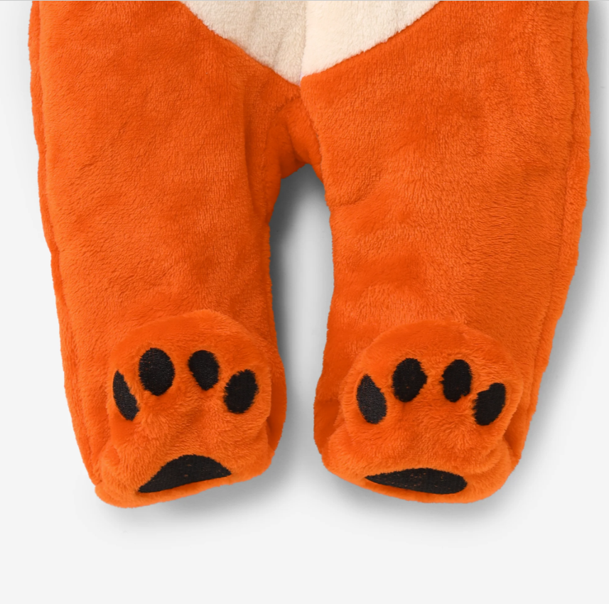 Baby Orange Furry Jumpsuit with Hood – Soft, Warm & Adorable