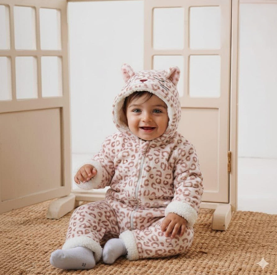 Baby Leopard Fleece Hooded Onesie – Ultra Soft & Cozy