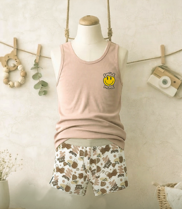 Boys Smile More Cotton Set – Beige Tank Top & Printed Shorts