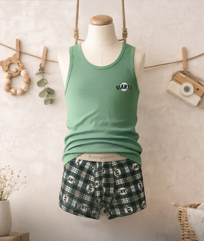 Boys Giants underwear Set – Green Tank Top & Checkered Shorts