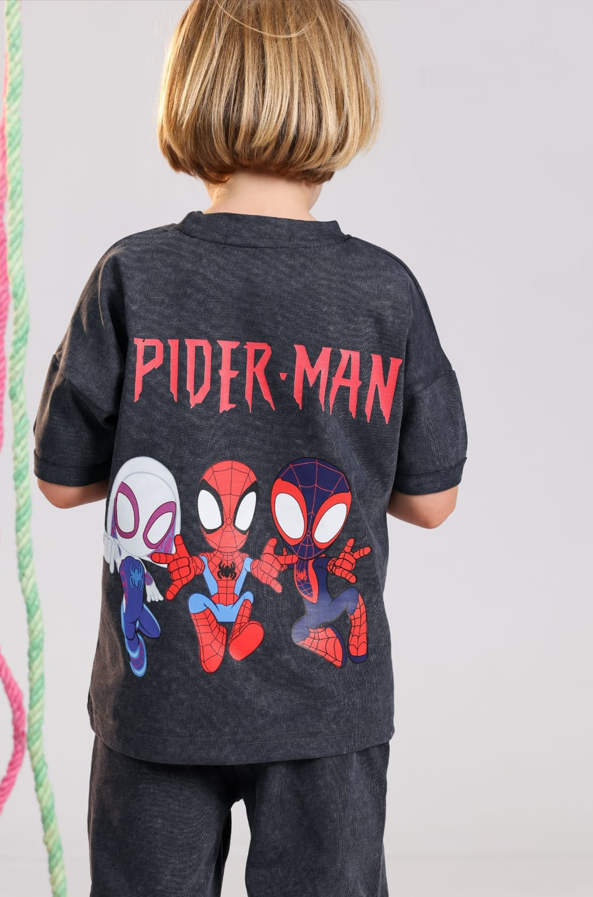 Disney Spider-Man Kids Summer Outfit – Washed Charcoal Cotton T-Shirt & Shorts Set