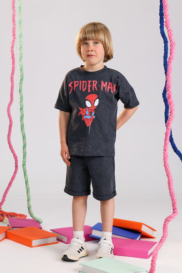 Disney Spider-Man Kids Summer Outfit – Washed Charcoal Cotton T-Shirt & Shorts Set