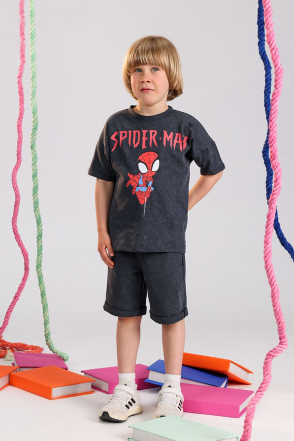 Disney Spider-Man Kids Summer Outfit – Washed Charcoal Cotton T-Shirt & Shorts Set