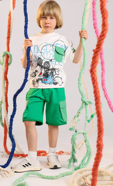 Disney Mickey Mouse Kids Summer Outfit – White Cotton Graphic T-Shirt & Green Cargo Shorts