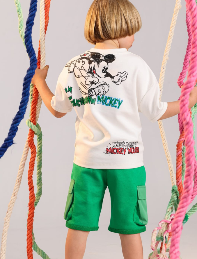 Disney Mickey Mouse Kids Summer Outfit – White Cotton Graphic T-Shirt & Green Cargo Shorts