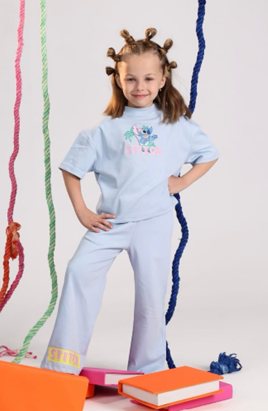 Girls Stitch Light Blue T-Shirt & Wide-Leg Pants Set – Cotton Casual pajama