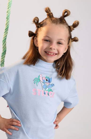 Girls Stitch Light Blue T-Shirt & Wide-Leg Pants Set – Cotton Casual pajama