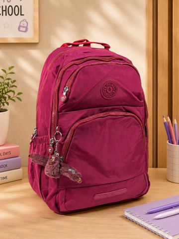 Kipling-Style Multi-Zipper School Backpack – Burgundy size 19