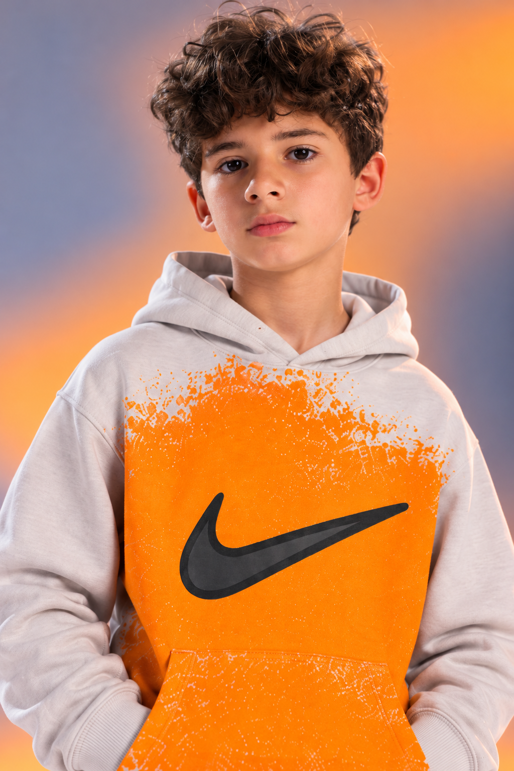 Boys’ Nike Orange Splash Hoodie & Jogger Set – Light Grey & Dark Grey