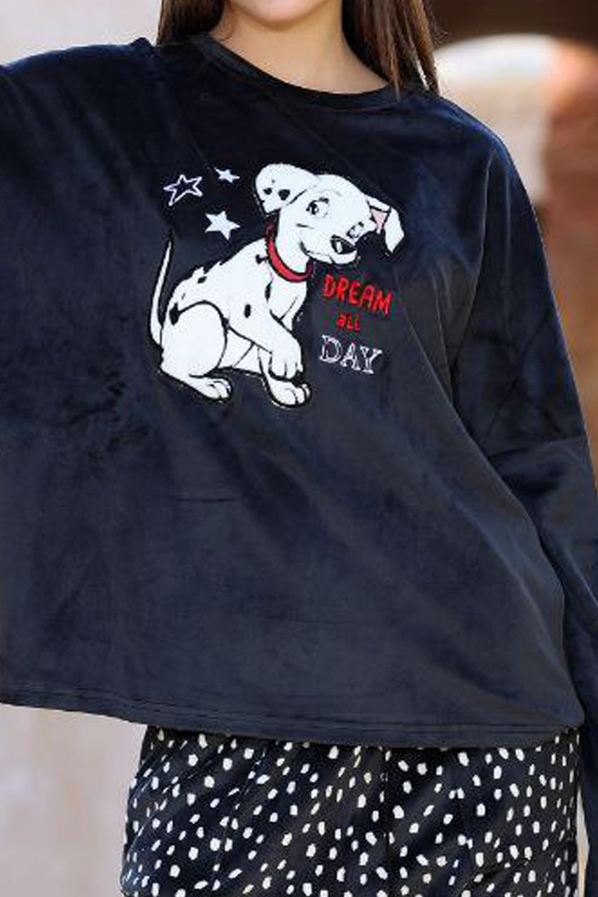 Women’s Black Velvet Winter Pajama Set – “Dream All Day” Printed Top & Polka Dot Pants