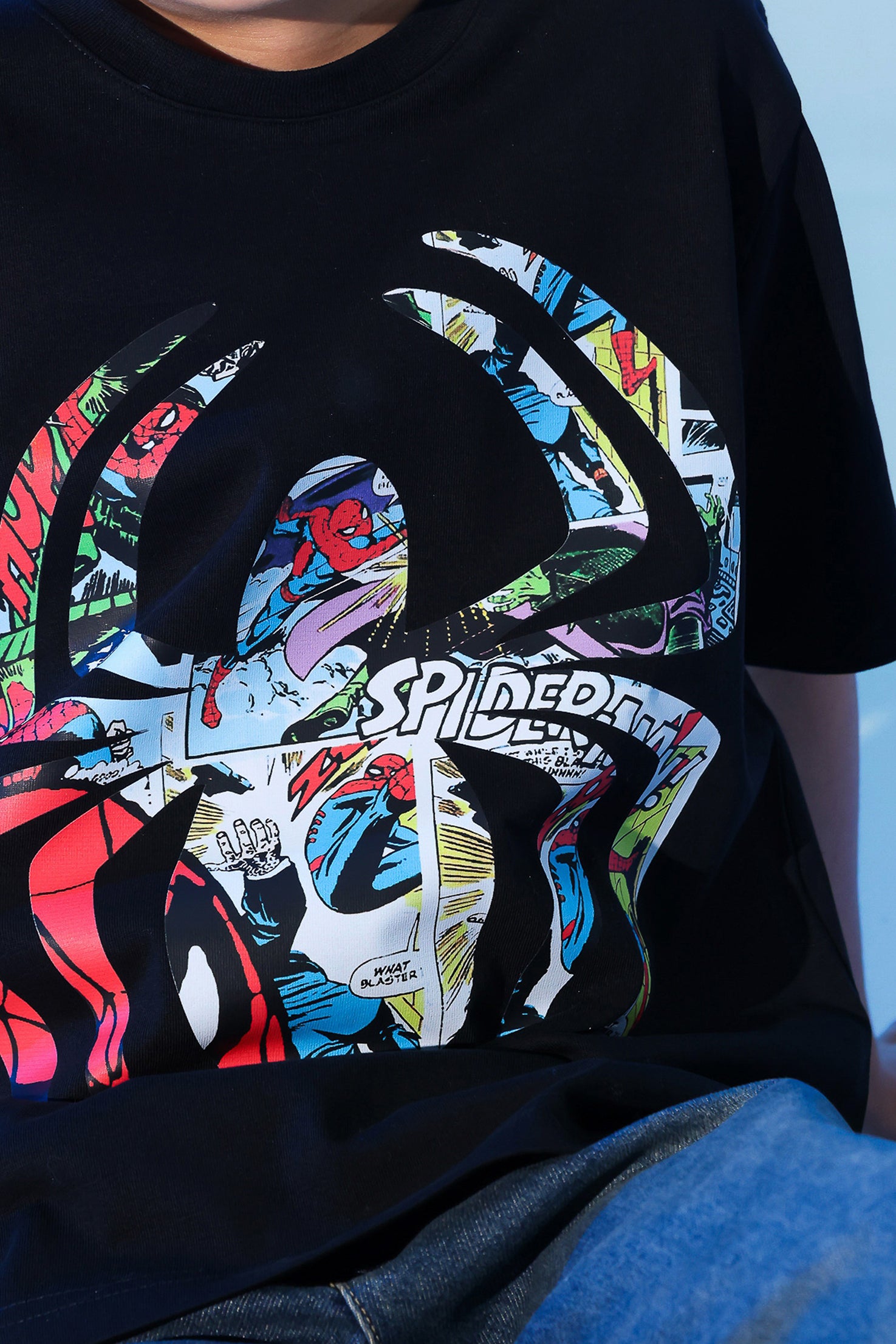 Boys Spider Graphic T-Shirt – Black Oversized Comic Print Tee