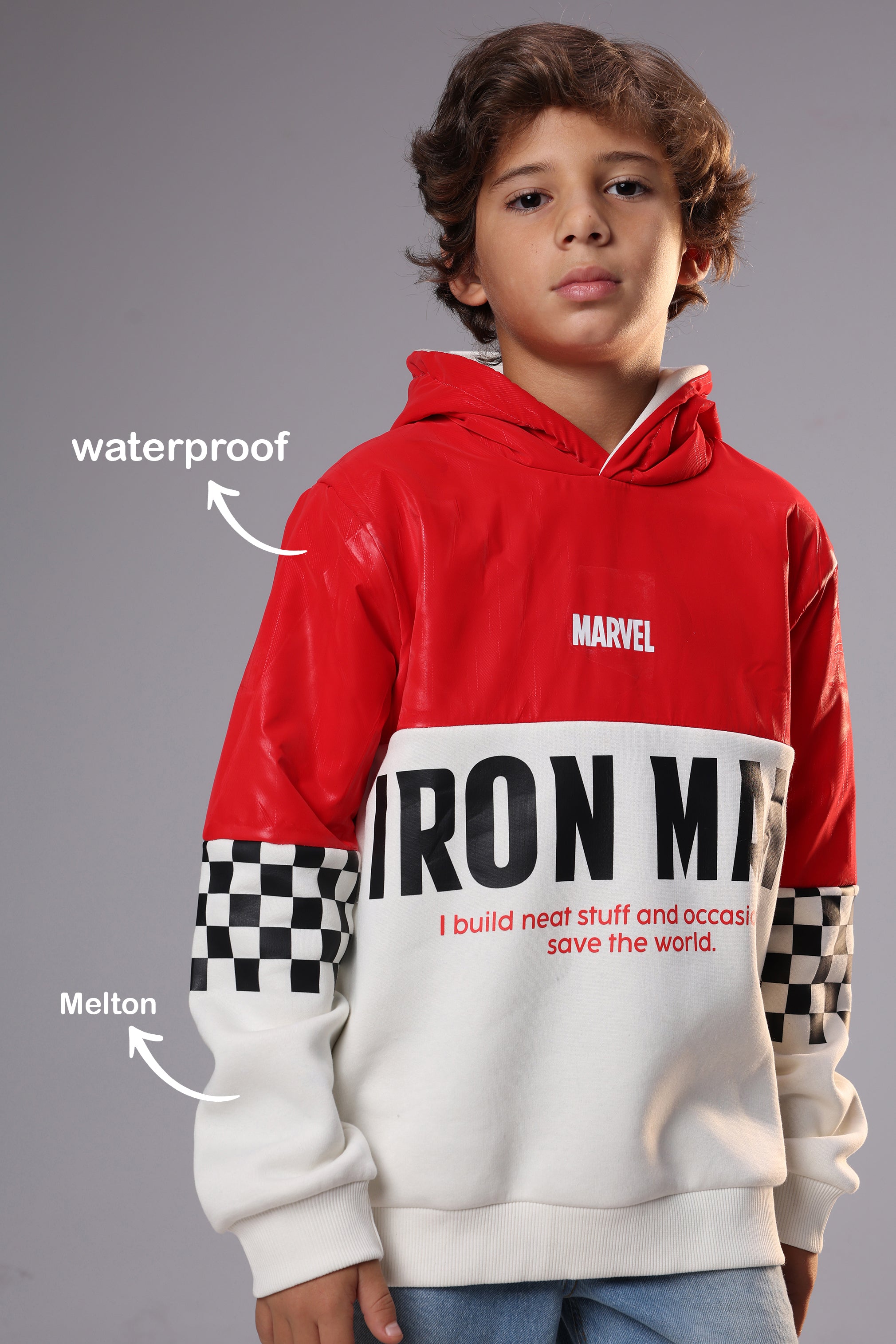 Marvel Iron Man Kids Hoodie – Red & White Waterproof Winter Hoodie for Boys
