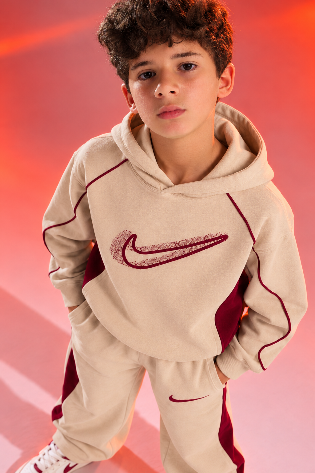 Boys’ Nike Beige & Burgundy Hoodie Tracksuit Set