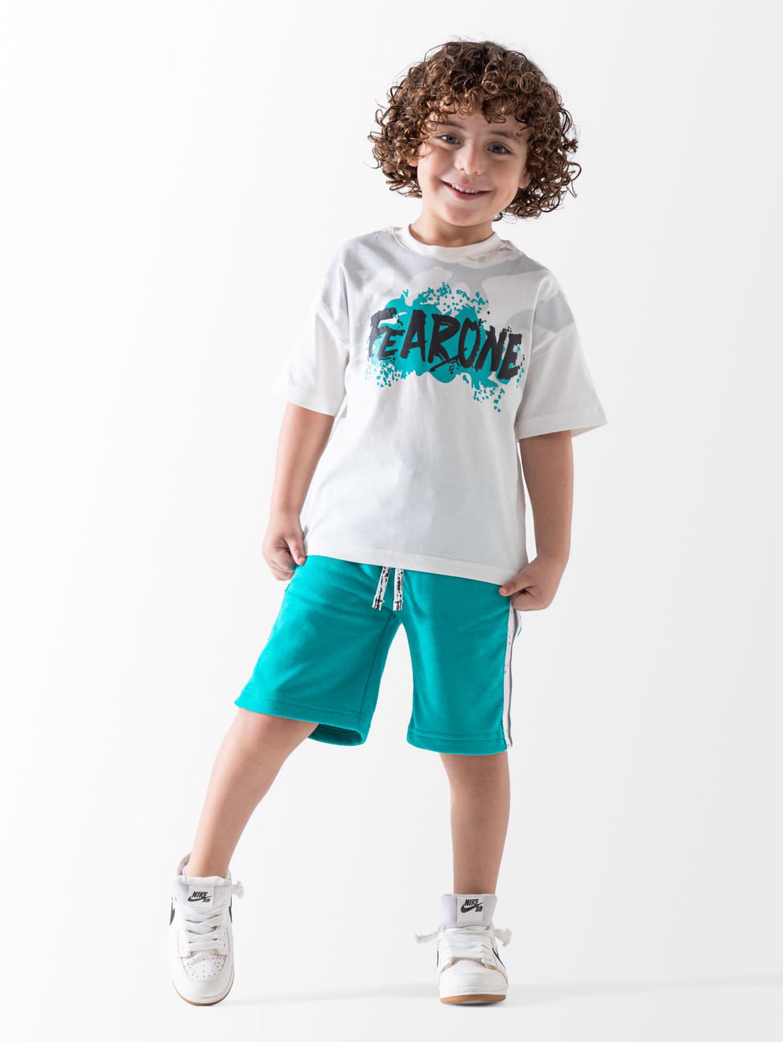 Kids Fear One white printed t-shirt and turquoise shorts summer set - Kikidoo Kids Egypt