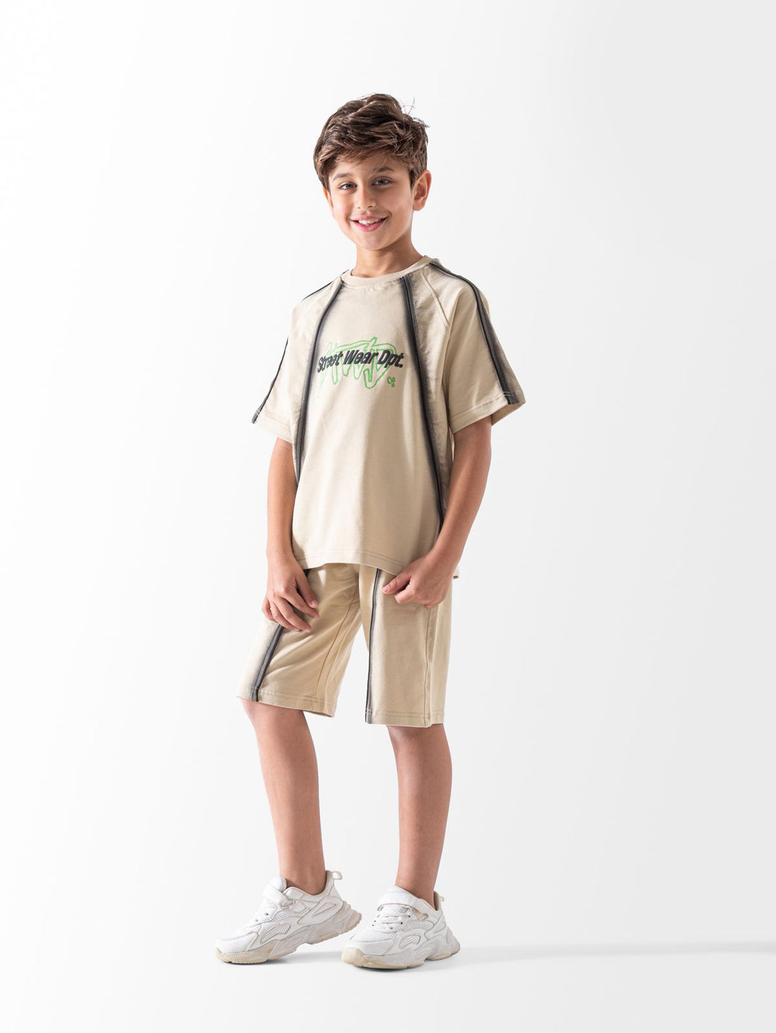 Kids beige streetwear printed t-shirt and shorts sport outfit - Kikidoo Kids Egypt
