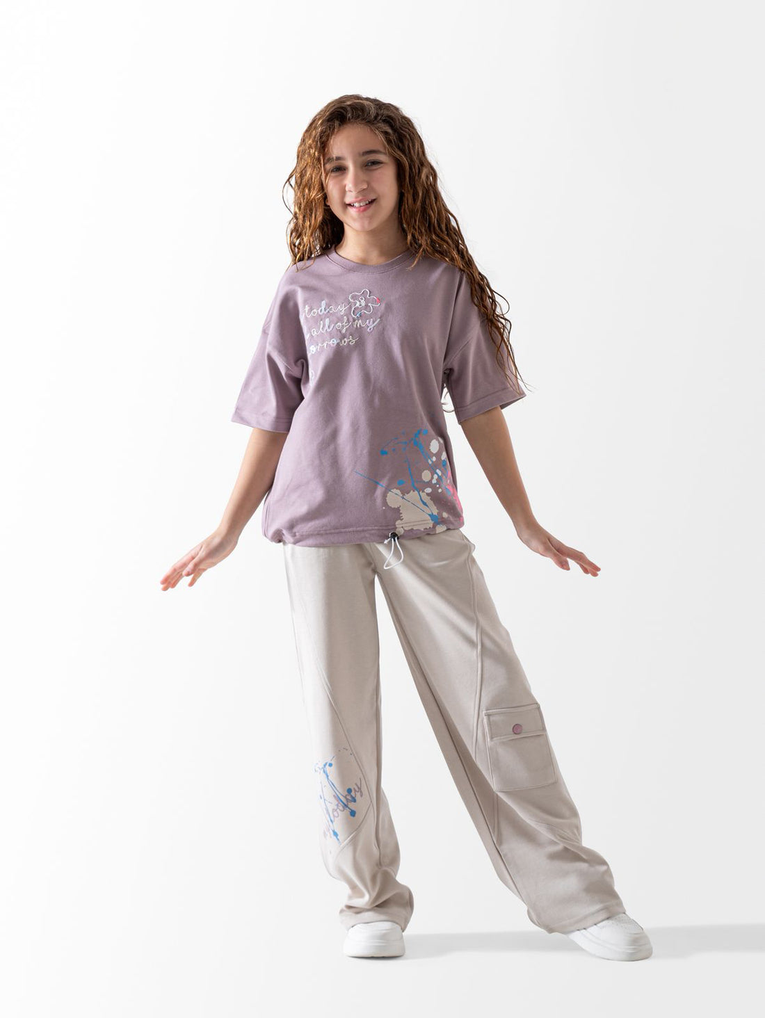 Girls artistic summer set mauve t-shirt and beige pants - Kikidoo Kids Egypt