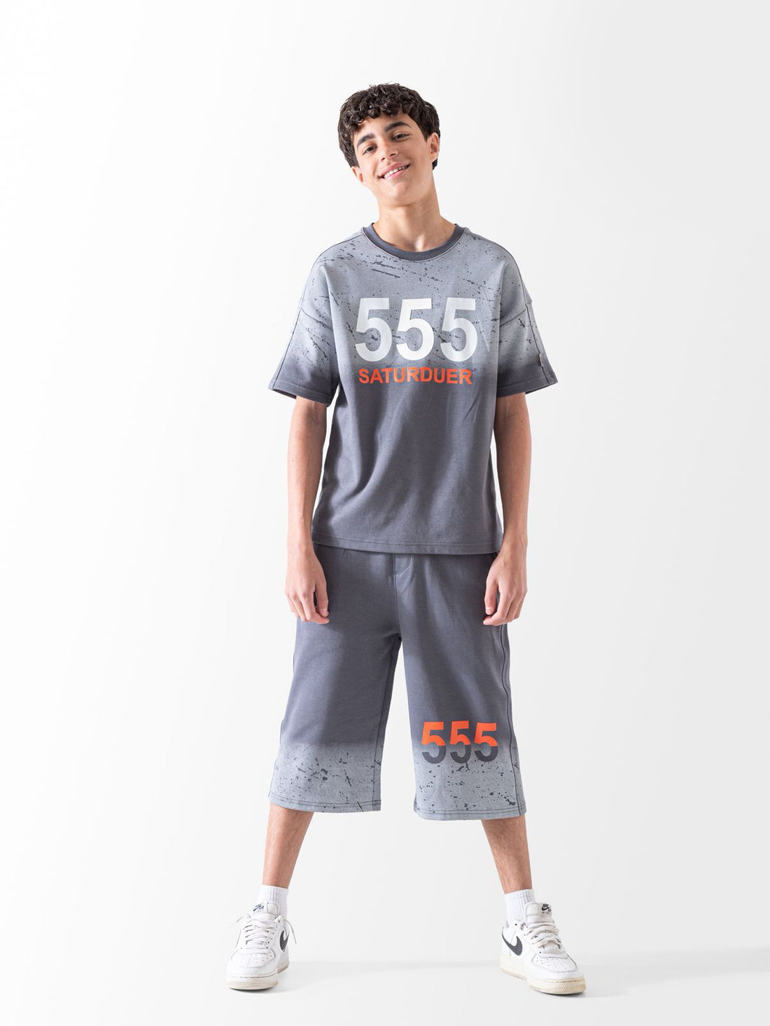 Teen 555 Saturday dark grey graphic t-shirt and shorts summer set - Kikidoo Kids Egypt