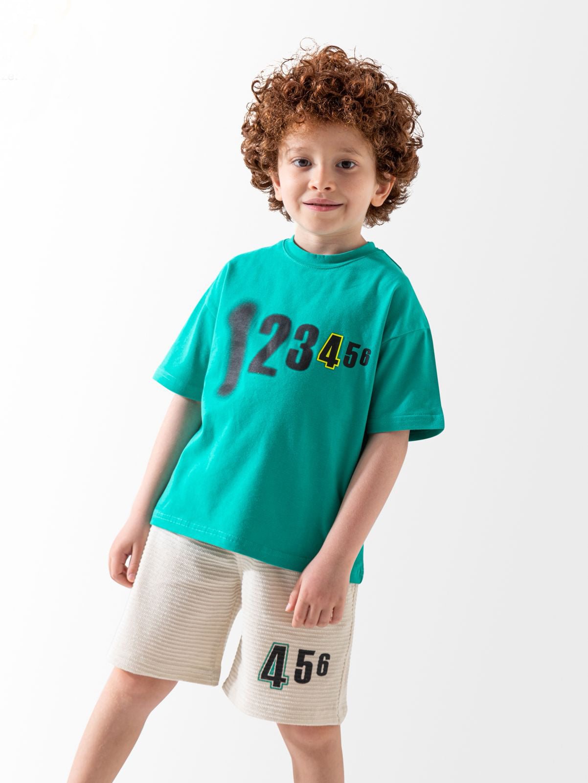 Kids green number print t-shirt and beige shorts sport summer set - Kikidoo Kids Egypt