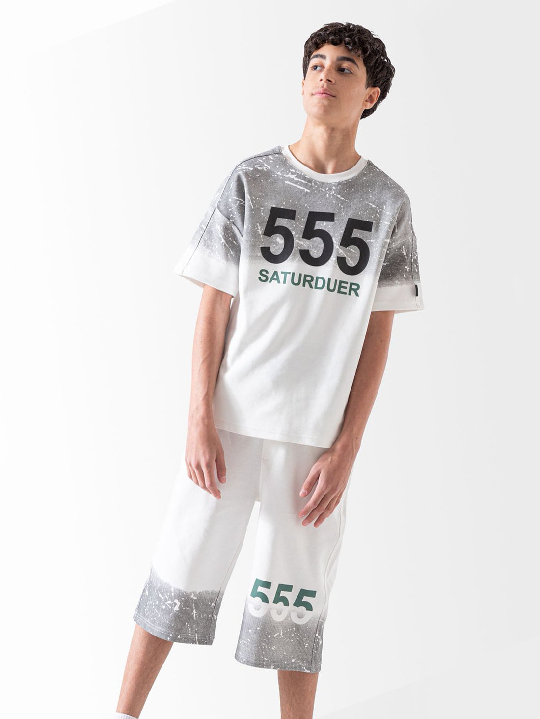 Teen 555 Saturday white grey printed t-shirt and shorts summer set - Kikidoo Kids Egypt