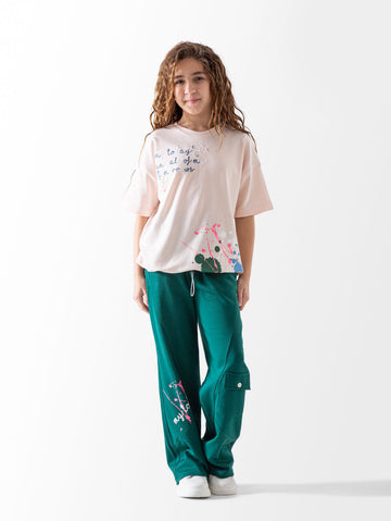 Girls artistic summer set beige printed t-shirt and green pants - Kikidoo Kids Egypt