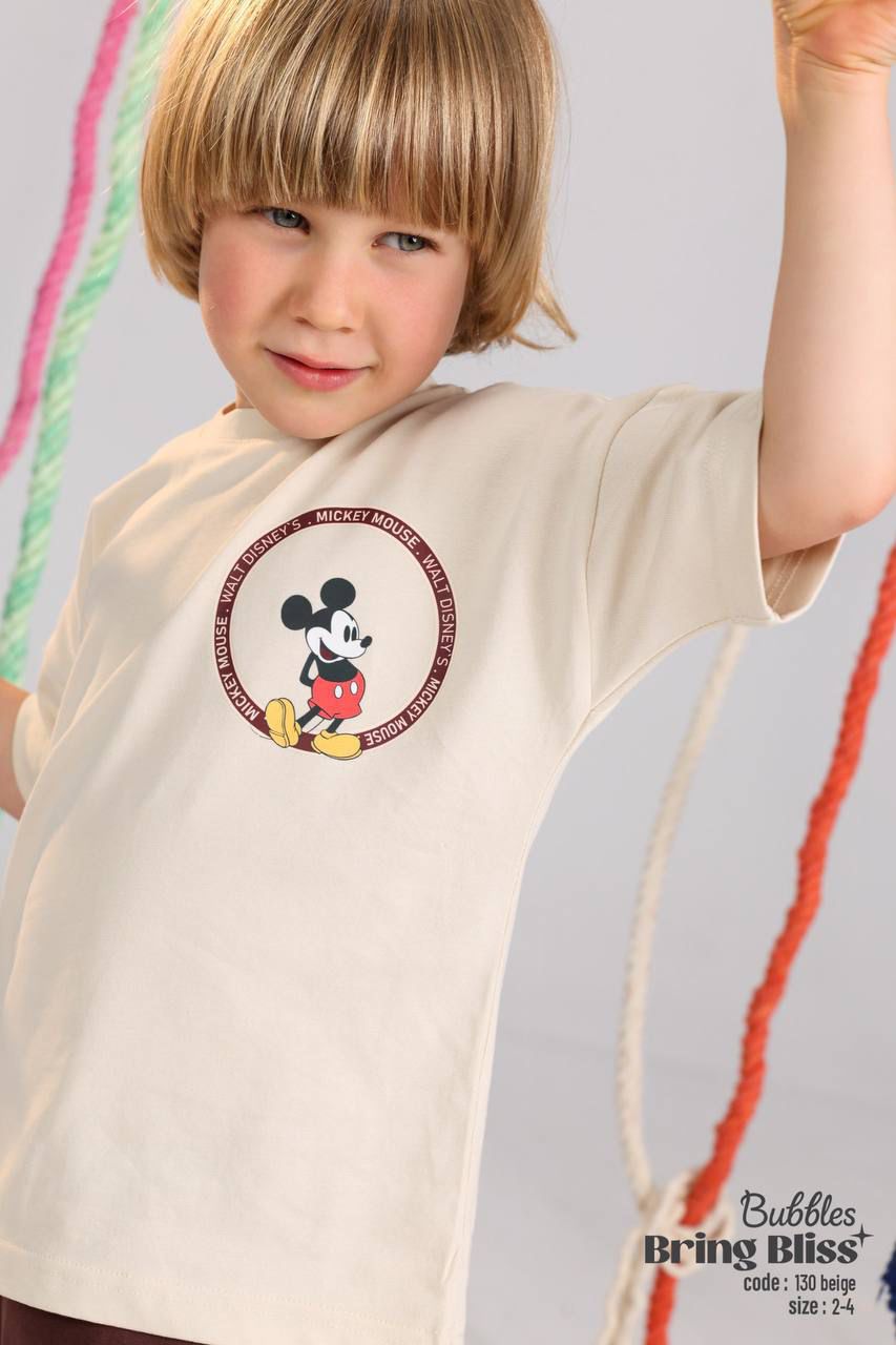 Kids’ Mickey Mouse Summer Outfit Set – Beige T-Shirt & Brown Shorts