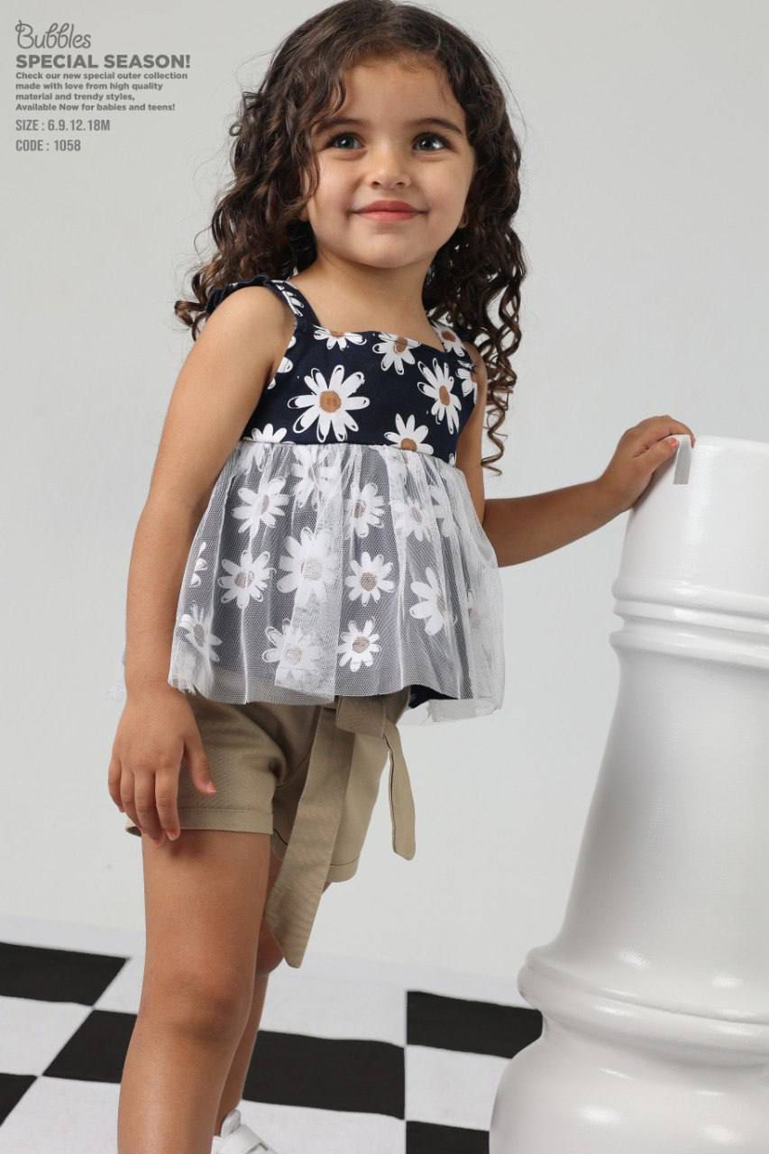 Girls Daisy Print Mesh Peplum Top & Shorts Set – Cute Summer Outfit for Toddlers