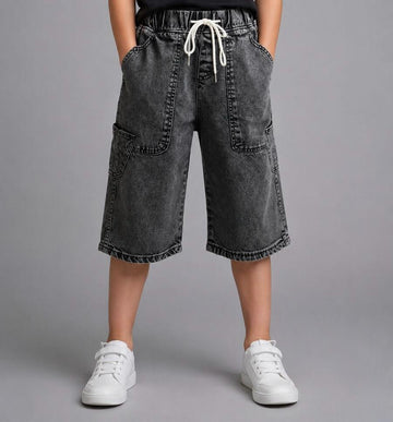 Boys Washed Denim Bermuda Shorts – Casual Wide-Leg Summer Shorts in Charcoal Grey