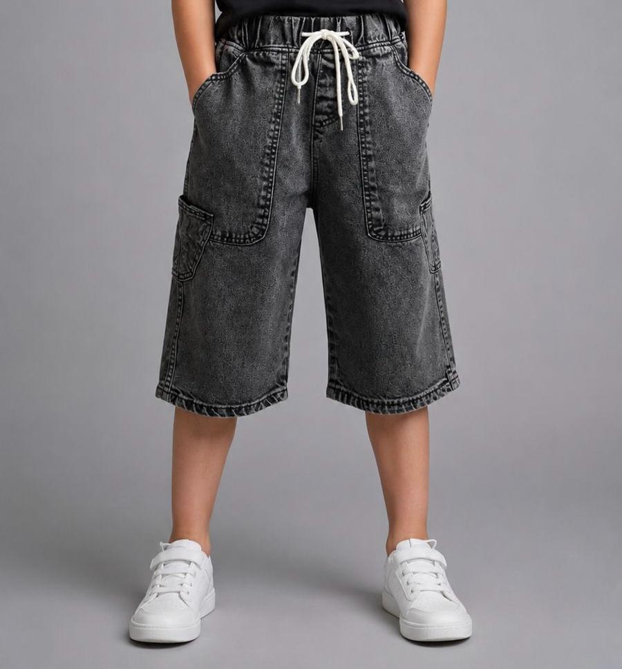 Boys Washed Denim Bermuda Shorts – Casual Wide-Leg Summer Shorts in Charcoal Grey