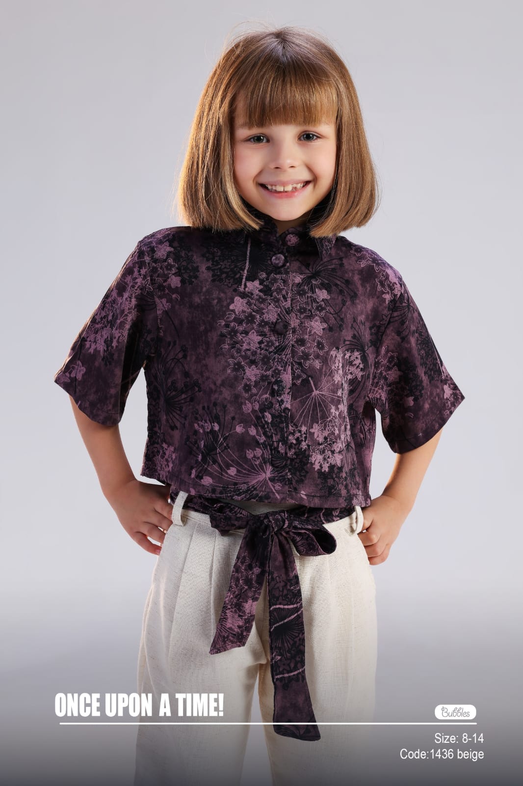 Girls Floral Print Tie-Waist Top & Beige Relaxed Fit Pants Set – Elegant Casual Outfit