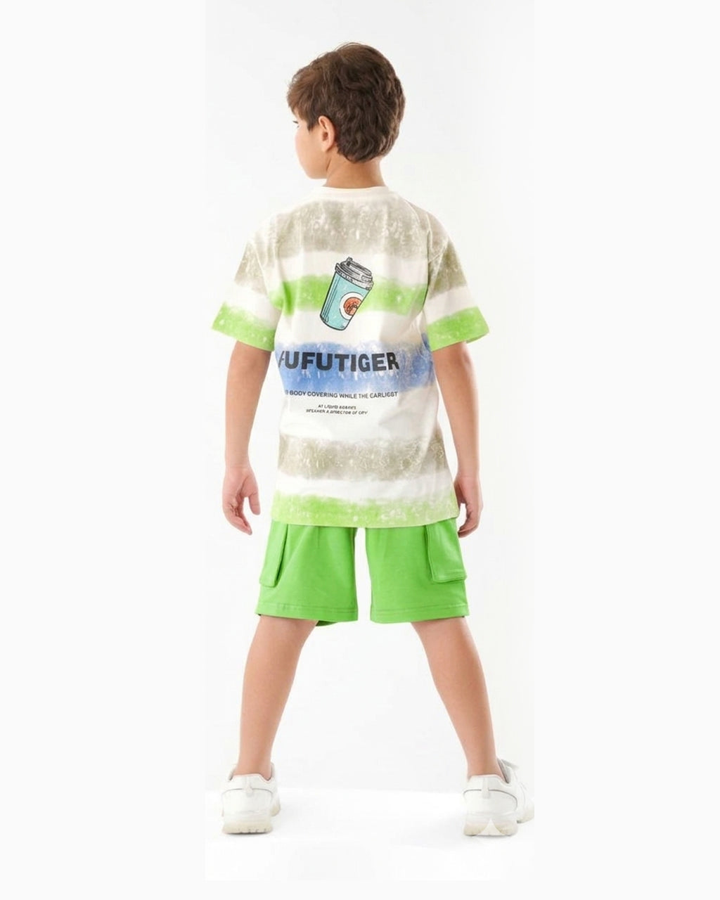 Boys Oversized Striped T-Shirt & green Cargo Shorts Set